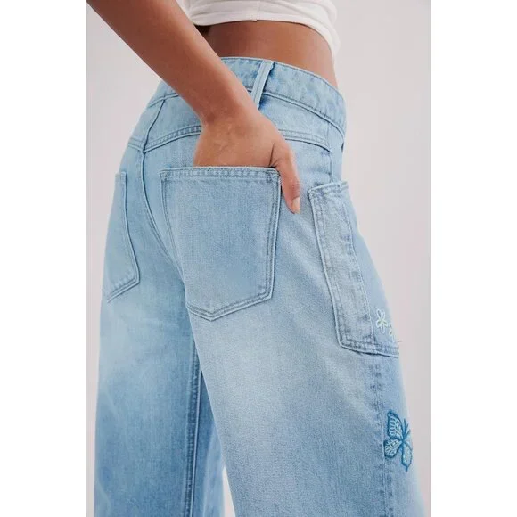 Women's Embroidered Denim Barrel Jeans Wide Leg Low Rise Stretchy Pants - Picture 4 of 4